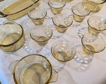14-delige vintage Forte Crisa Mexico honing amberkleurige glazen serveerschalen