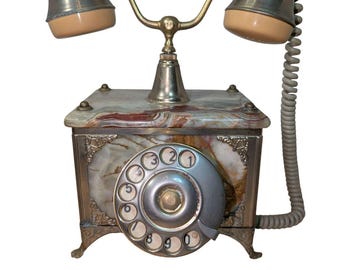 Vintage Italiaanse sierlijke draaibare bureautelefoon - marmeren voet - messingkleur - niet getest
