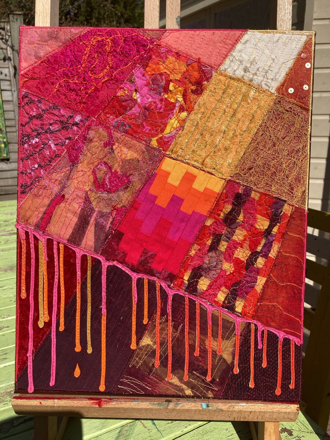 Red Abstract Textile Art on Canvas Etsy