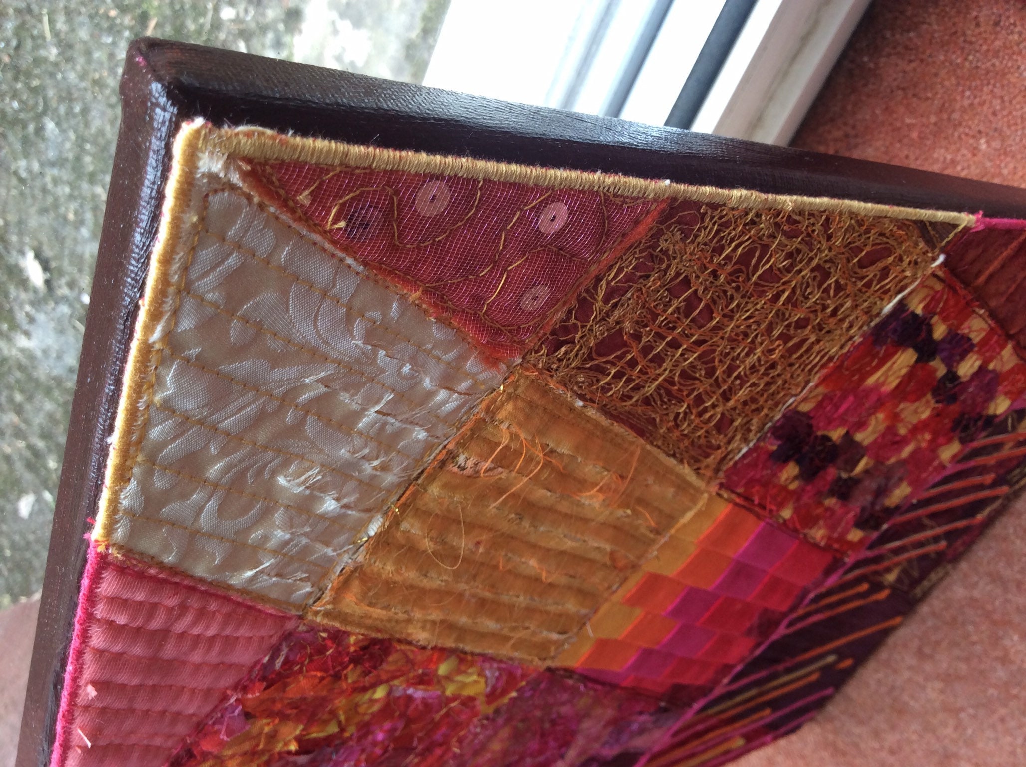 Red Abstract Textile Art on Canvas Etsy