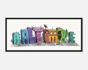 Baltimore Rowhome Framed Art – Museum-Quality Matte Paper with Hidden Word Design (“Rainbow Row”)
