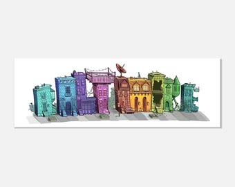 Baltimore Rowhome Aluminum Print – Colorful Illustrated Cityscape with Hidden Word Design (“Rainbow Row”)