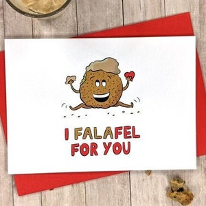 Tarjeta de amor con falafel / Enamorado / Comida vegana / Me enamoré de ti / Te amo / Amor vegano / Hummus / Día de San Valentín / Novio / Novia