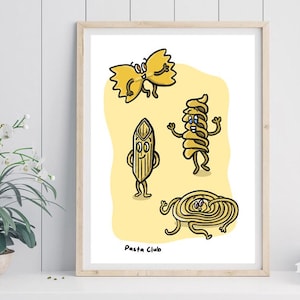 Pasta Print – Cute Pasta Club Wall Art, Funny Kitchen Decor, Foodie Gift, Illustrated Penne Fusilli Farfalle Linguine Poster, Pasta Party A4