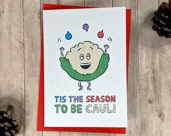 Cauliflower Christmas Card - tis the season to be jolly - Merry Christmas - Christmas Carols - Veggies - Vegan Card Packs - Funny Xmas Cards