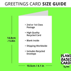 May include: A white greeting card size guide with black text. The card is 5.8 inches by 4.1 inches. The text includes "2nd or 1st Class Postage", "High Quality Recycled Card", "Blank inside", "Shipping Worldwide", and "Includes Recycled Envelope". The guide also includes the text "PLANT BASED CARDS by Dan".