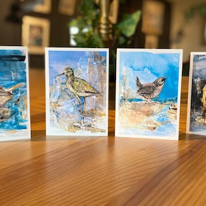 Vogelprintkaarten van originele aquarel- en collageschilderijen