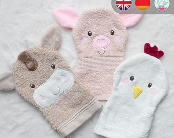 Washcloth ITH embroidery file farm animals - chicken, cow, pig