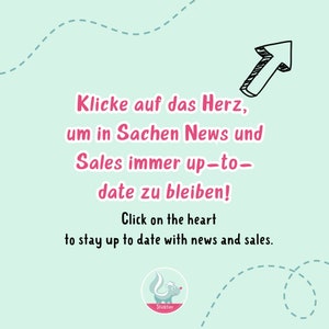 May include: A light green graphic with text in German and English, along with a cartoon skunk logo. The text says "Klicke auf das Herz, um in Sachen News und Sales immer up-to-date zu bleiben! Click on the heart to stay up to date with news and sales."