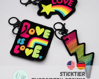 ITH Embroidery Design Set | Rainbow Lightning Bolt, Shooting Star & Love is Love | Patch, Keychain  + Applique | 4x4 Hoop