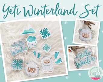 Stickdateien Yeti Winterland Set für 10x10 cm Stickrahmen, Vollstich/Füllstich und ITH Schlüsselanhänger im Set  -Download-