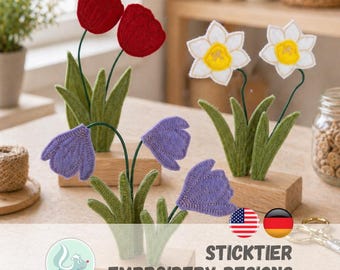 ITH Embroidery File Spring Flowers – Crocus, Tulip & Daffodil Felt Flowers 4x4"