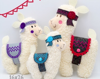 May include: Three cream-colored plush llama toys with textured fleece fabric. Each llama wears a decorative headband and a saddle with geometric patterns. The sizes 16x26, 13x18, and 20x30 are printed below the toys, and a red bunting banner is at the top.