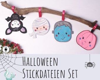 Halloween Stickdateien Anhänger 4er Set, für den 10x10 cm Stickrahmen + Schritt-für-Schritt-Anleitung in Deutsch -Download-