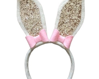 Bunny Ears Headband, Easter, Girls, Spring, Ivory or White with gold or pink glitter, your color choice of Bows