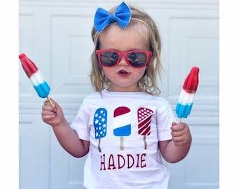 4th Of July Shirt Personalized with Name, Red White Blue Popsicles Forth of July Shirt, Boys Girls Patriotic Summer Shirts