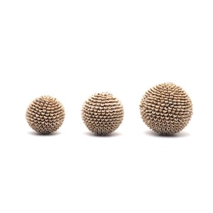 Peut inclure: Trois sphères décoratives en matériaux naturels, avec une surface texturée et piquante. Les sphères sont disposées en rangée du plus petit au plus grand.