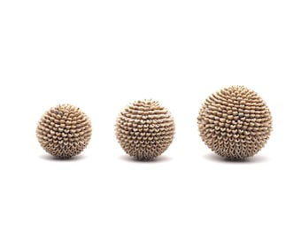 May include: Three decorative spheres made of natural materials, with a spiky, textured surface. The spheres are arranged in a row from smallest to largest.