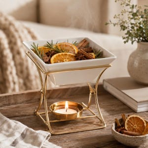 May include: A white square ceramic bowl sits atop a gold-toned metal stand, containing dried orange slices, cinnamon sticks, star anise, and rosemary sprigs. A small lit tea light candle rests in a gold holder at the base of the metal frame.