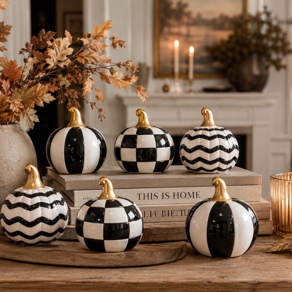 Luxury Fall Decor | Black and White Ceramic Pumpkin Set | Elegant Mantel Decor | Thanksgiving Decor | Designer Inspired Ceramic Pumpkins