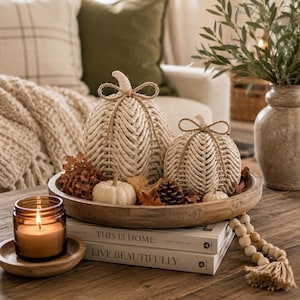 Pode incluir: Duas abóboras de corda trançada cor de creme com laços de juta estão numa bandeja redonda de madeira junto com uma pequena abóbora branca, uma pinha e folhas secas sobre dois livros intitulados This Is Home e Live Beautifully.