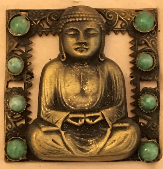 Vintage Sacred Buddha and Jade Lucky Brooch - image 1