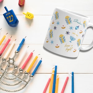 Hanukkah Pattern Mug 12oz - Full Wrap Chanukkah Mug - Happy Hanukkah - Hanukkah Gifts - Shalom - Mehnorah Coffee Mug - Sufganiyah Tea Cup