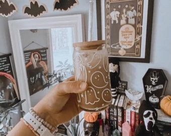 Leuk spookpatroon Halloween-bierblikglas 16 oz // Libbey-frisdrankglas, ijskoffiekop, griezelige seizoensbeker, trendy drinkgerei, halloween-kopjes