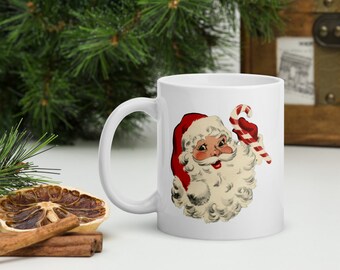 Vintage Santa Claus with a Candy Cane Coffee Mug // Secret Santa Present, Mug Gifts for Christmas, Saint Nick, Jolly Cup, Hot Chocolate Mug