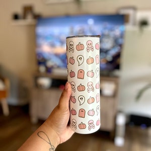 Retro Halloween Pattern Tumbler // Aesthetic Ghost Drinkware, 20oz Stainless Steel Tumbler, Halloween Gift