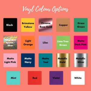 Op de afbeelding: Een kleurenkaart met vinylkleuropties. De kaart bevat vierkanten in verschillende kleuren zoals zwart, geel, ros&eacute;goud, koper, groen, oranje, lila, roze, marine, teal, goud, zilver, mint, rood, violet en wit. De tekst bovenaan luidt "Vinylkleuropties."