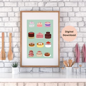 Cake Poster Digital Download // Bakery Poster, Kitchen Poster, Baking Wall Art, Baker Gift, Cake Decorating Poster, Cute Kitchen Art Print
