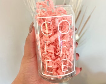 Vaso para café helado - Vaso con forma de lata de cerveza o refresco - Taza de café - Tapa de bambú - Pajita de vidrio - Libbey - Regalo para amantes del café