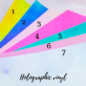 Puede incluir: Siete l&aacute;minas de vinilo hologr&aacute;fico de diferentes colores, numeradas del 1 al 7. Los colores son amarillo, azul, rosa, turquesa, rosa claro y blanco.