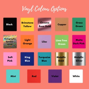 Puede incluir: Una tabla de colores de vinilo con nombres para cada color. Los colores incluyen negro, amarillo azufre, oro rosa cromado, cobre, verde hierba, plata hologr&aacute;fica brillante, naranja claro, lila, verde lima, rosa oscuro mate, rosa suave, azul rey, azul turquesa, oro met&aacute;lico, plata met&aacute;lica, menta, rojo, violeta y blanco.