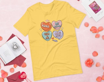 Candy Hearts Unisex T-shirt // Valentine Conversation Hearts T-shirt, Groovy Shirt for Vday, Bite Me, Valentine's Day T-shirt