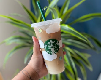 Wolken en holografische pastelsterren Starbucks Cold Cup 24oz - beker - herbruikbaar - mooi - koffiekop
