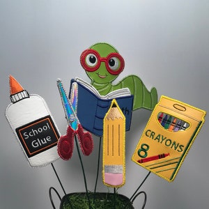 School Supplies Picks Bookworm, Pencil, Glue, scissors and Box of Crayons