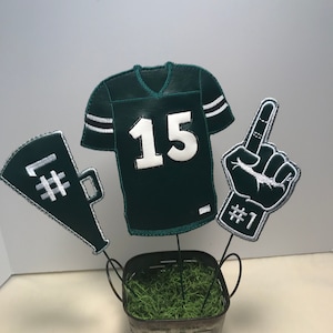 Football Team Jersey, Megaphone and #1 Hand wreath picks.  These picks can be customized in your favorite team colors.