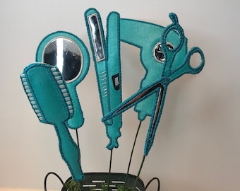 Hair Stylist wreath picks, Scissors, blow dryer, hair straightener, brush and mirror