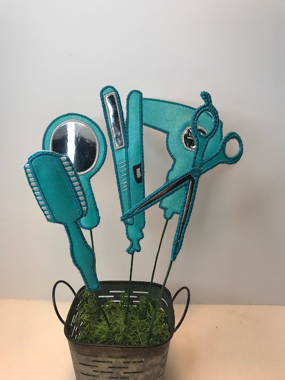 Hair Stylist wreath picks, Scissors, blow dryer, hair straightener, brush and mirror