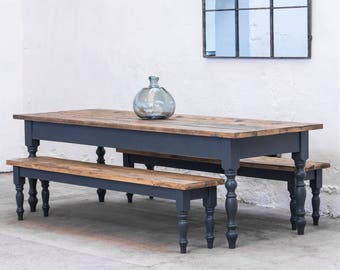 Farmhouse Dining Table with Benches - Handcrafted Rustic Table & Benches - Reclaimed Dining Set - Custom Dining Table - Made in the UK