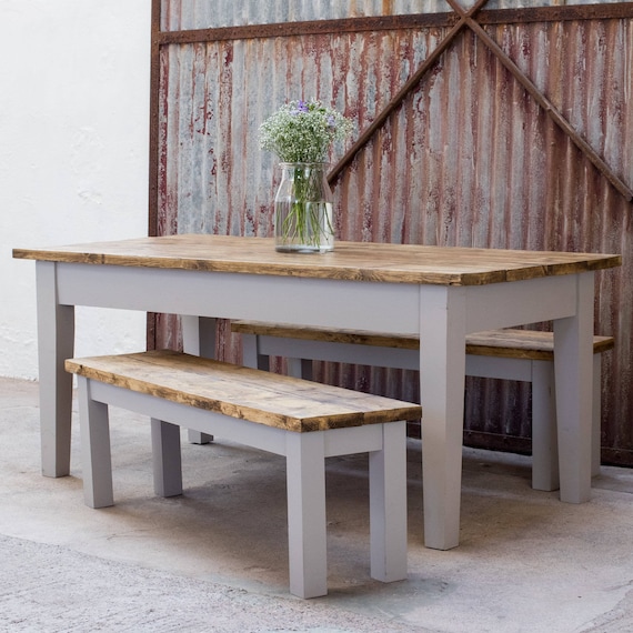 Farmhouse Dining Table With Benches Wide Rustic Dining Table Reclaimed  Dining Table Handmade Dining Table Made in the UK 