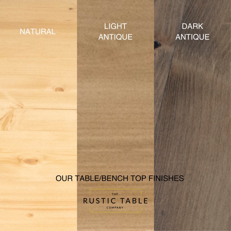 May include: Three wood samples showing different stain colors: natural, light antique, and dark antique. The samples are labeled with the stain names. The text "OUR TABLE/BENCH TOP FINISHES" is below the samples, and the text "THE RUSTIC TABLE COMPANY" is below that.