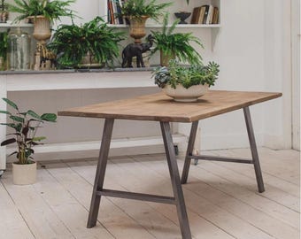 Saddlery Dining Table with Benches - Wide Rustic Dining Table - Metal Legged Dining Table - Handmade Dining Table | Made in the UK