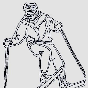 Puede incluir: Un dibujo en blanco y negro de un esquiador con casco y bastones de esquí. El esquiador está en el aire, con los esquís apuntando hacia abajo.