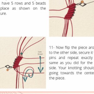 Pode incluir: Um close-up de um bracelete de contas vermelhas e brancas a ser feito. O bracelete est&aacute; sendo amarrado em torno de uma s&eacute;rie de pinos. As instru&ccedil;&otilde;es dizem para virar a pe&ccedil;a e repetir o processo de amarra&ccedil;&atilde;o.