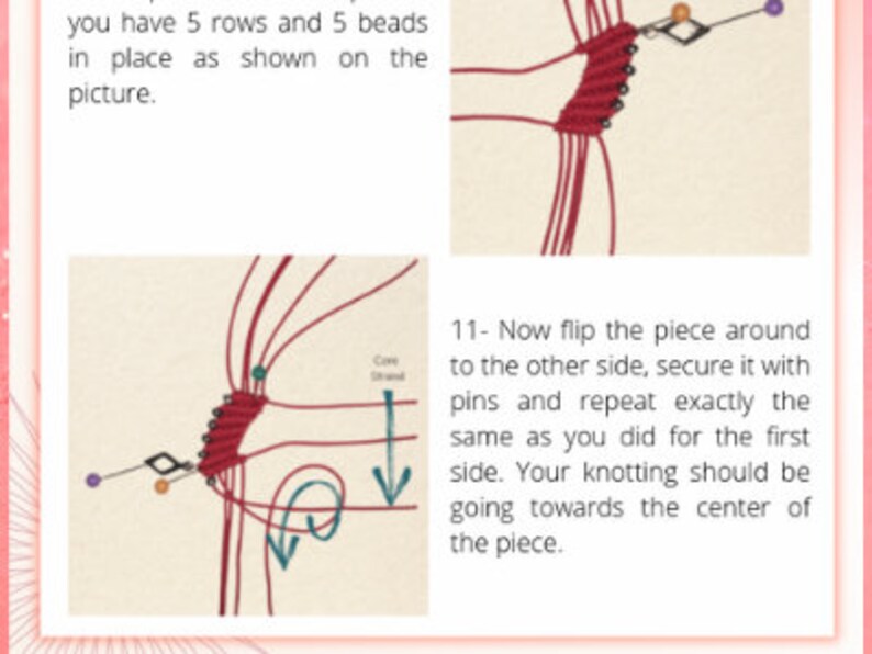 Pode incluir: Um close-up de um bracelete de contas vermelhas e brancas a ser feito. O bracelete est&aacute; sendo amarrado em torno de uma s&eacute;rie de pinos. As instru&ccedil;&otilde;es dizem para virar a pe&ccedil;a e repetir o processo de amarra&ccedil;&atilde;o.