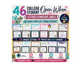46 College Open When LETTERS & ENVELOPE labels for College Students  | 46 EDITABLE Letters | Digital Care Package | Letters From Home