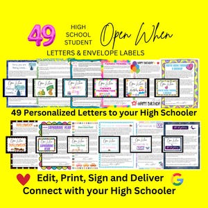 49 cartas y etiquetas para sobres con la frase "Abrir cuando" para estudiantes de secundaria / Regalo para estudiantes de primer año / Ánimo para el regreso a clases / Notas motivacionales para padres
